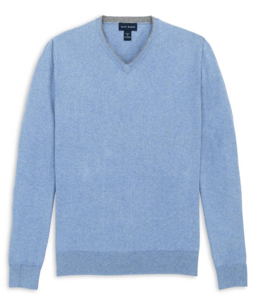 NEW SCOTT BARBER men's the classic 12gg v-neck sweater in blue